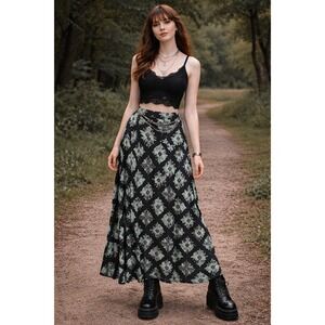 Whimsigoth Boho Western RetroGlam  Artsy Geometric Black Teal Green S Maxi Skirt